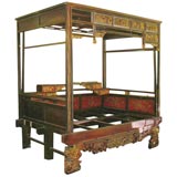 Antique Large Red Lacquered Chinese Bed with Canopy