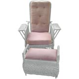Antique White Wicker Reclining Lawn Chair and Ottoman