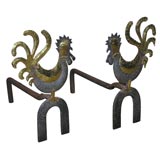 Retro Pair of Brass and Wrought Iron Rooster Andirons