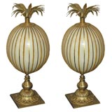 Pair of Ostrich Eggs with Gilded Bronze Palm Leaves and Mounts