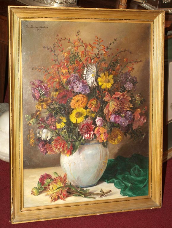 Extraordinarily well-painted still life of multiple varieties of flowers in rich, vibrant colors. Signed Jon Fischer Munchen 1945. Listed German artist Johannes Fischer b.1888-d.1955. This is in a newer frame and not worthy of a painting of this