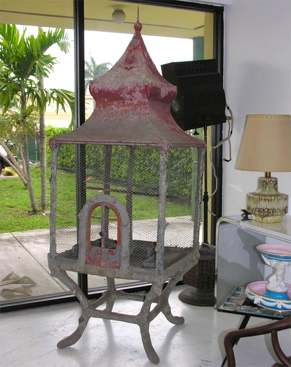 Whimsical French  birdcage made from faux bois ,zinc roof and mesh metal. Wonderful patina. Great pagoda design!