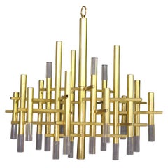 Brass and Plexi 15 Light Chandelier by Gaetano Sciolari