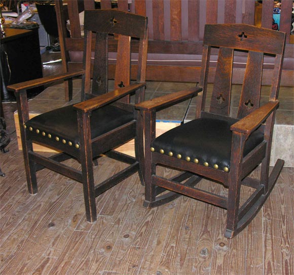 Chair & rocker set by Shop of the Crafters, Cincinnati, Ohio.<br />
Fine & original condition, replaced leather seat, cut-outs, & corbels.***Contact Information: AOL (American Online) users may experience difficulties sending emails to us or