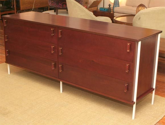 Rare Franco Albini design dresser for limited production Knoll-Drake furniture company. Mahogany with chic leather pulls, completely restored.