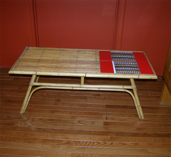 Rattan Table by Audoux-Minet with Ceramic Tiles by Roger Capron