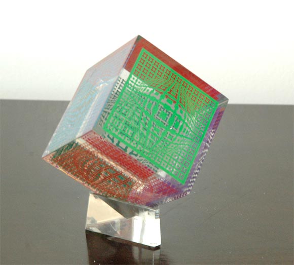 Multi dimentional lucite cube plus base sculpture,signed and numbered by Victor Vasarely 6/200.