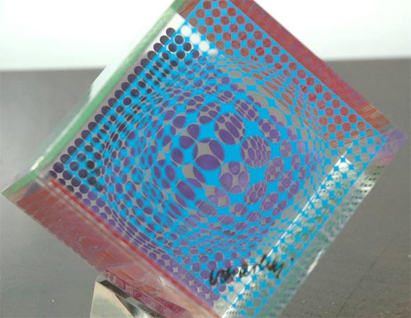 Mid-20th Century Victor Vasarely lucite cube sculpture