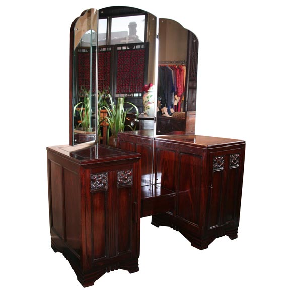 Chinese Deco Blackwood Dressing Table with Mirrors