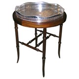 Antique English Round Silverplate Tray on Mahogany Stand