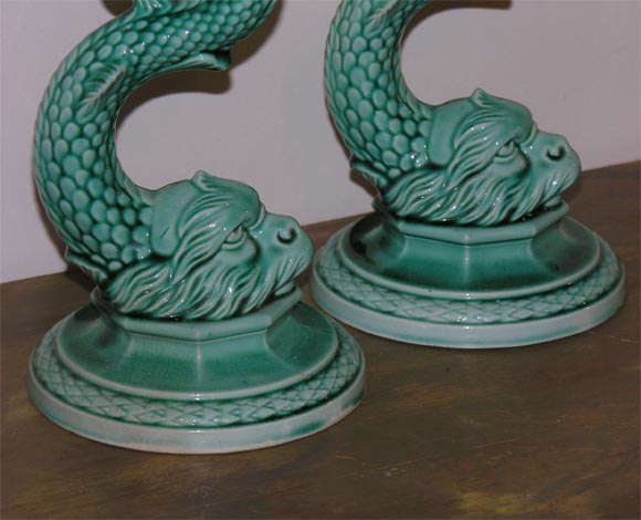 19th Century A Pair of French Majolica  Dolphin Candlesticks.  Circa 1840. For Sale
