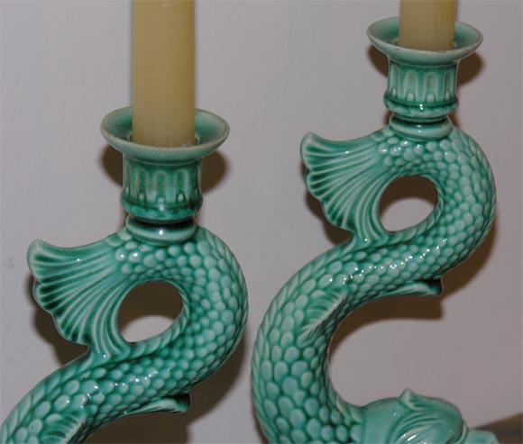 Ceramic A Pair of French Majolica  Dolphin Candlesticks.  Circa 1840. For Sale