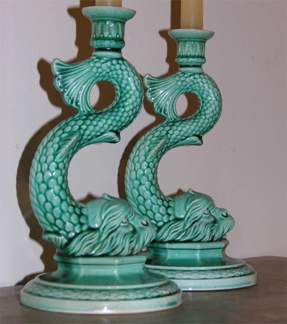 A Pair of French Majolica  Dolphin Candlesticks.  Circa 1840. For Sale 1
