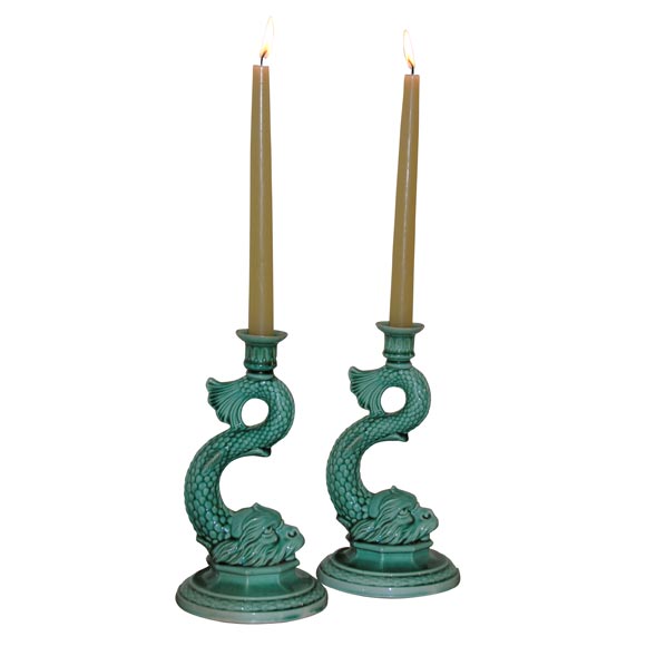 A Pair of French Majolica  Dolphin Candlesticks.  Circa 1840. For Sale