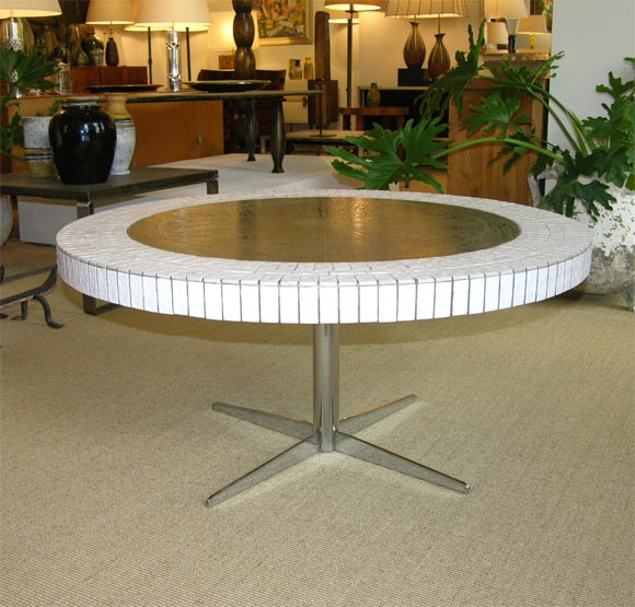 Round Etched-Metal and Ceramic Tile Table with Chrome Legs