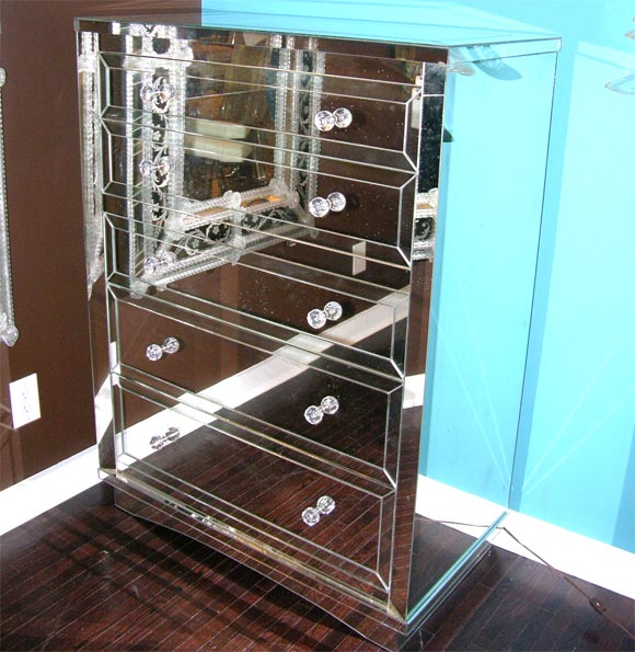 Custom Neoclassical modern 5-drawer mirrored highboy. Customization is available in different sizes, finish and hardware.