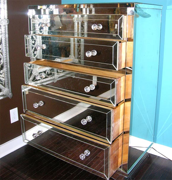 Neoclassical Modern 5-Drawer Mirrored Highboy In New Condition For Sale In New York, NY