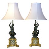 Pair of Louis XVI Bronze and Marble Figural Lamps