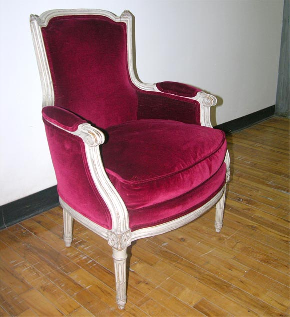 Pair of Louis XVI Style White Painted Bergeres with Red Velvet