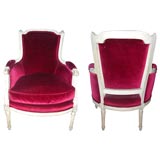 Pair of Louis XVI Style White Painted Bergeres with Red Velvet