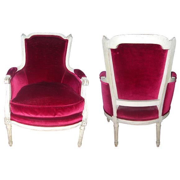 Pair of Louis XVI Style White Painted Bergeres with Red Velvet For Sale