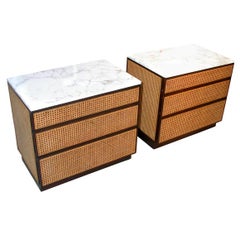 Pr. of walnut & cane chests w/marbler tops by Directional