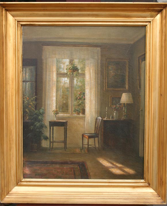 Classic Danish interior painting, oil on canvas, by listed turn of the last century artist,  Hans Hilsoe.