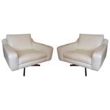 Exceptional Pair of White Swivel Club Chairs