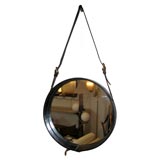 Round Black Leather Mirror by Jacques Adnet