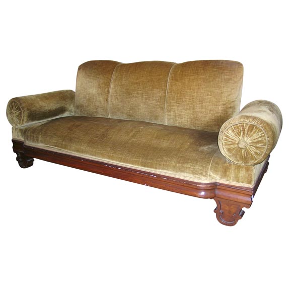 moorish rolled arm settee, with old velvet upholstery