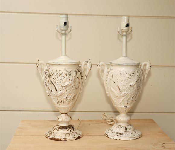 Pair of Victorian Painted Brass Urn Lamps