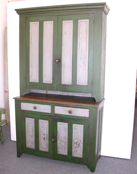 19THC ORIGINAL PAINTED TWO PIECE STEPBACK CUPBOARD WITH GREAT POLYCROME PAINT/GREEN GROUND WITH GREY PANELS/SQUARE NAIL CONSTUCTION WONDERFUL SURFACE