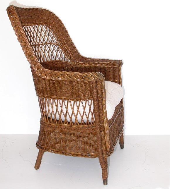 1920-1930S BAR HARBOR WICKER CHAIR WITH GREAT OLD SURFACE/WITH HOMSPUN LINEN CUSHION (DOWN&FEATHER)FILLED VERY GOOD CONDITION