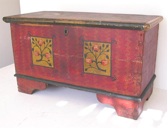 19THC ORIGINAL PAINTED DOWER CHEST WITH  OGEE FEET-GREAT ORIGINAL PAINT DECORATION /WEAR TO THE EDGES OFTHE MOLDING GREAT HEIGHT TO THE FEET