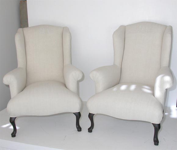 PAIR 19THC  WING CHAIRS  UPHOLSTERED IN LINEN