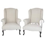 Antique PAIR 19THC  WING CHAIRS  UPHOLSTERED IN LINEN