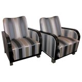 Pair of Black Lacquer  Art Deco Club Chairs with Nickel Details