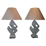 PAIR OF CERAMIC LAMPS ON LUCITE BASES AND GREY FABRIC SHADES