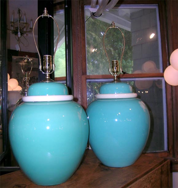 Pair of Green Ceramic Bell Jar Lamps