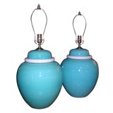 Pair of Green Ceramic Bell Jar Lamps