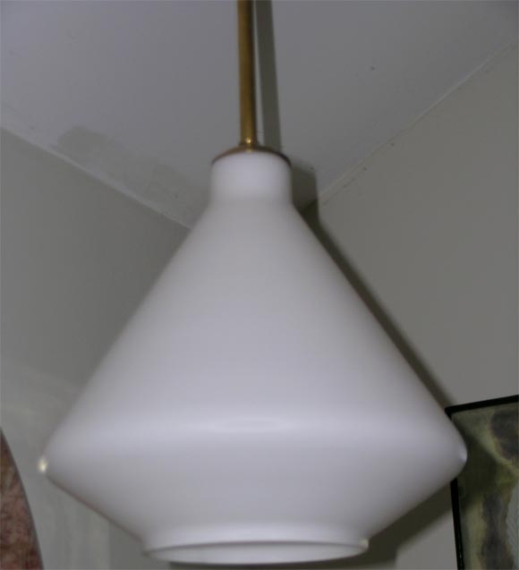 Mid-Century Modern Frosted White Glass Pendant with Brass Detail For Sale