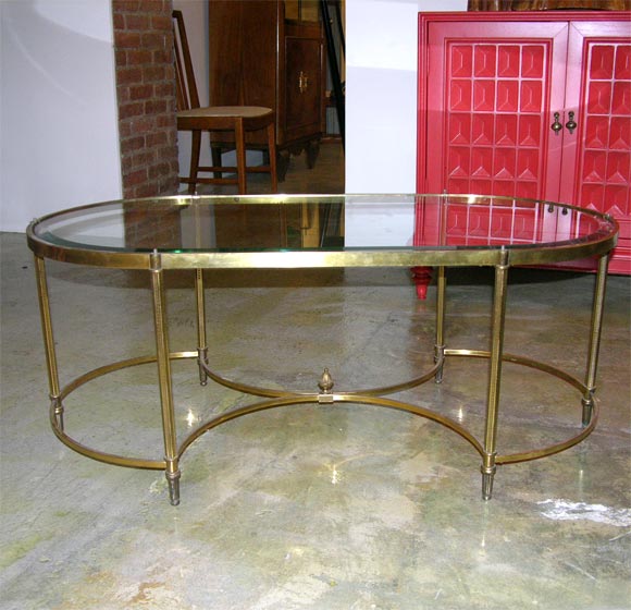Oval Brass Coffee Table with Beveled Glass Top and Finials (not pictured)