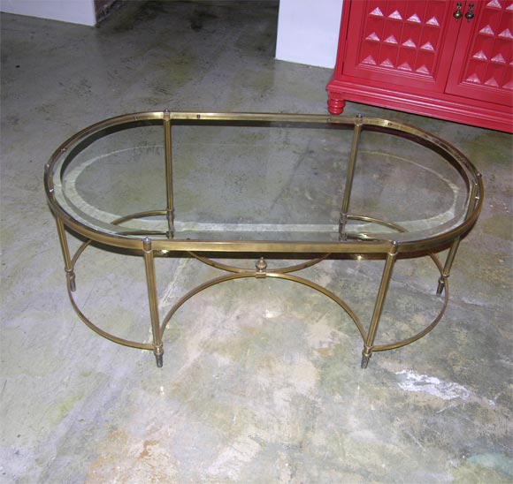 Mid-20th Century French Brass Oval Coffee Table with Beveled Glass Top