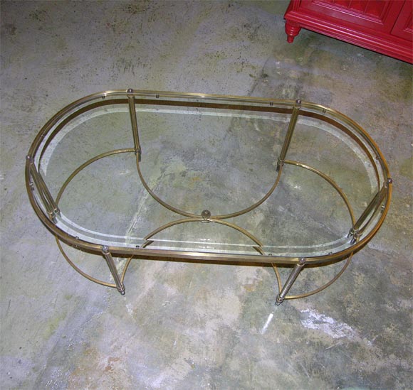 French Brass Oval Coffee Table with Beveled Glass Top 1
