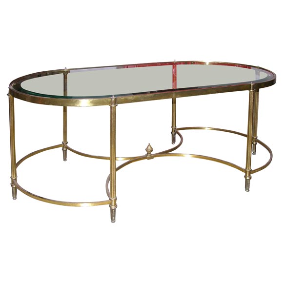 French Brass Oval Coffee Table with Beveled Glass Top