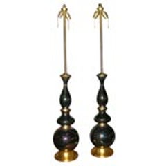 Pair of Tall Opulent Iridescent Glass Table Lamps by Marbro 10