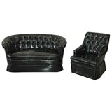 Black Patent Tufted Settee and Arm Chair