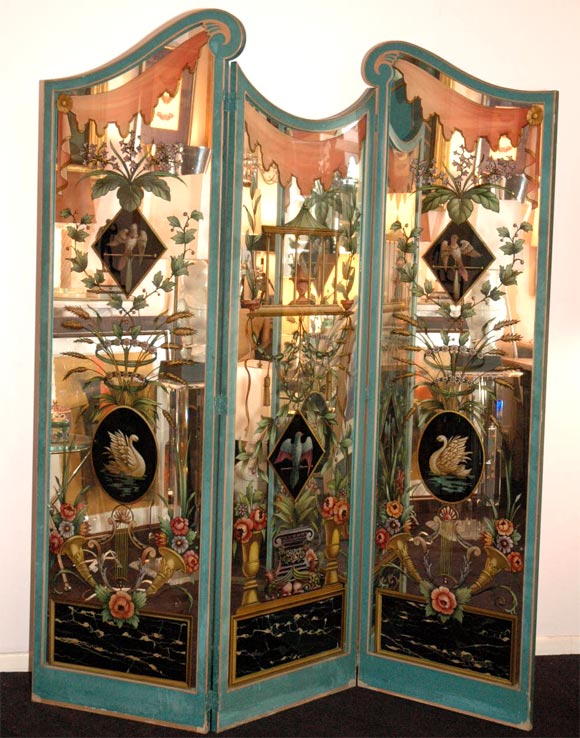 A Rare and Unusual 3 Panel Eglomise and Mirrored Folding Screen