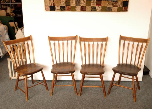19THC WONDERFUL WORN PENNSYLVANIA ARROWBACK PLANK BOTTOM CHAIRS WITH GREAT OLD SURFACE-THESE CHAIRS ARE VERY CONFORTABLE AND LOOK GREAT TOO.