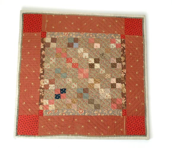 19THC EARLY CALICO FOUR PATCH MOUNTED CRIB QUILT FROM OHIO IN MINT CONDITION-GREAT COLORS AND EARLY CALICO FABRICS/MOUNTED ON 19THC LINEN